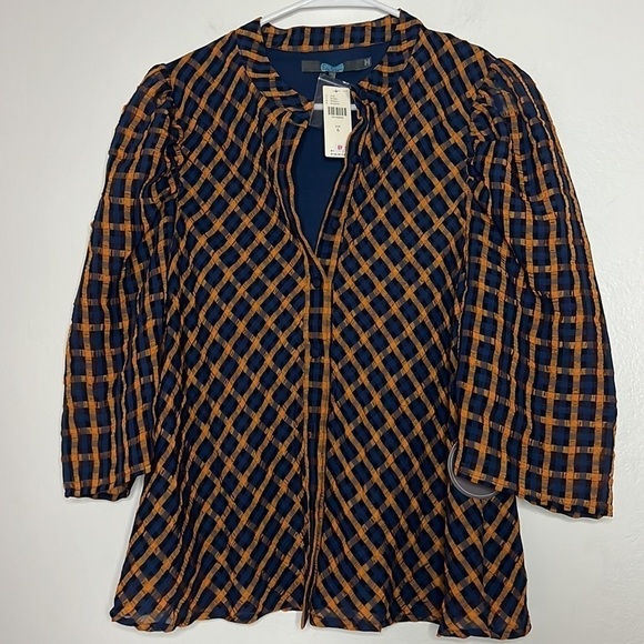 Eva Franco Anthropologie Textured Plaid Blouse Size 6 NWT Navy and Mustard - Picture 4 of 10